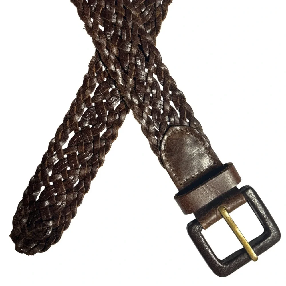 Covered Buckle Dark Brown Braided Leather Belt Woven Adjustable Strap Up to 47